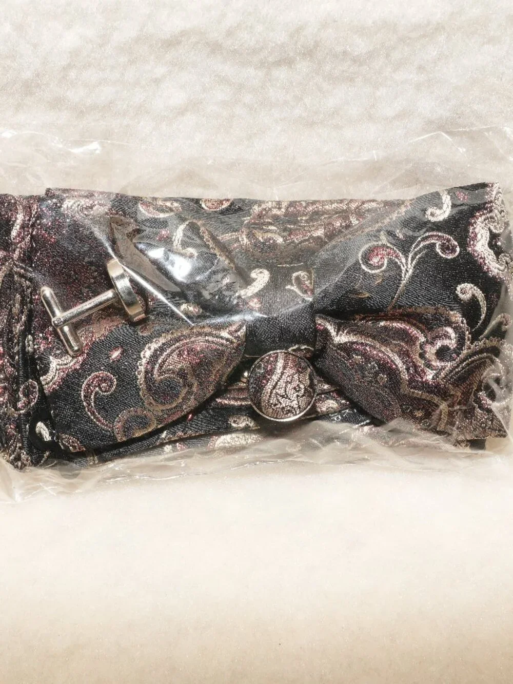 Barry Wang Formal Set Medium Vest Cuff Links Pocket Square and Bow Tie